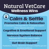 Information about Natural VetCare Calm & Settle product with text on a blue and black background