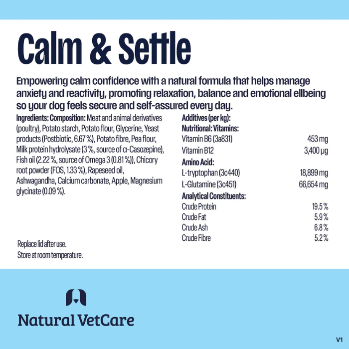 Product label for 'Calm & Settle' by Natural VetCare with text and nutritional information. Blue and white