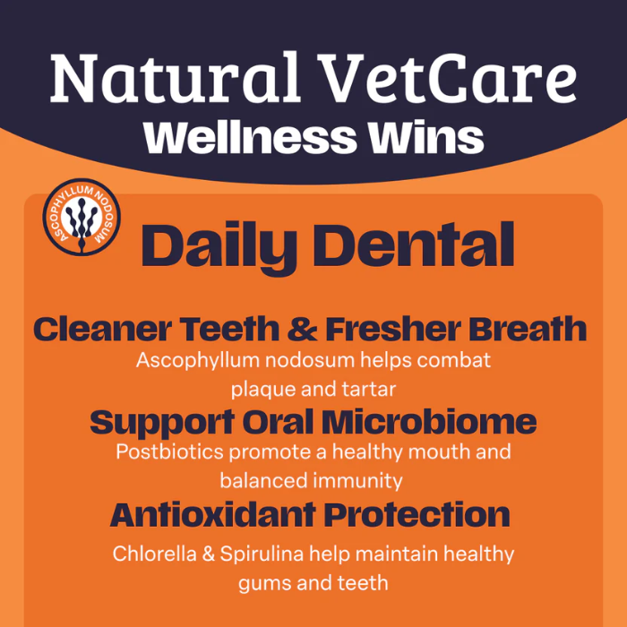 Natural VetCare Daily Dental product with benefits listed on an orange and navy background.
