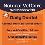 Natural VetCare Daily Dental product with benefits listed on an orange and navy background.
