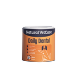 Can of Natural VetCare Daily Dental product, orange tub on a white background