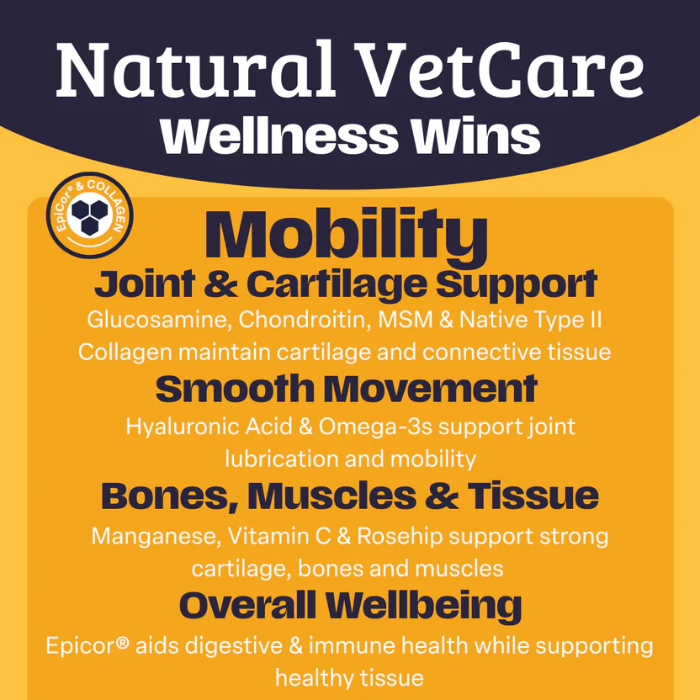 List of wellness for your dog , joint support, smooth movement, bone, muscle and tissue improvement, overall well being. Yellow and black in colour