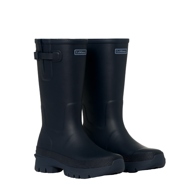 LeMieux AW26 Junior Bramshaw Welly Variant Colour Navy. A pair of navy wellingtons with 'LeMieux' brand name on white background. 