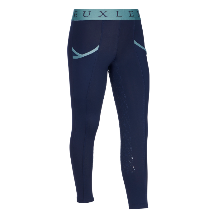 LeMieux AW26 Mini Pull Ons Varient navy/Aloe.A pair of navy blue full-length riding tights with a teal waistband featuring the brand name 'LeMieux' and light teal curved accents on the hips and upper leg, shown against a plain white background.