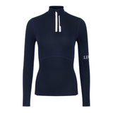 LeMieux AW26 Matilda Mid Layer Variant Colour Navy.
A dark navy blue long-sleeve quarter-zip performance top with a white zipper and a white LEANDER logo on the left sleeve, shown on a plain white background.
