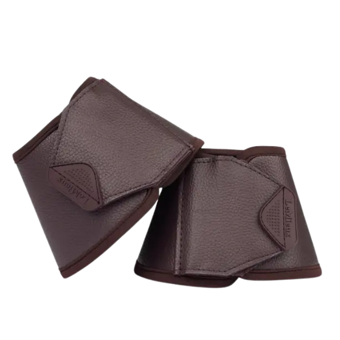 Pair of brown/purple protective equestrian hoof boots on a white background