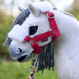 Grey toy pony wears a red headcollar and matching rope on a blurred outdoor background