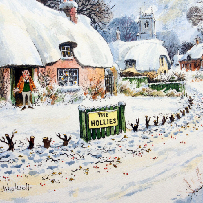 Humorous artwork design showing a snowy cottage and village scene