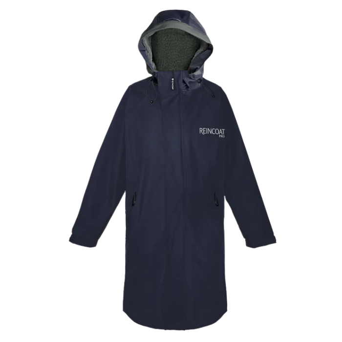 Navy rain coat with REINCOAT branding on a white background