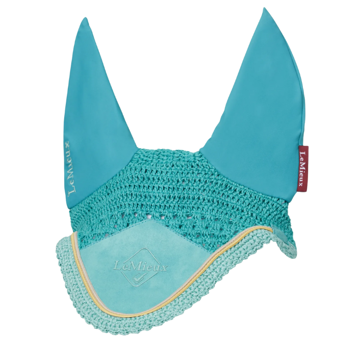 lagoon blue horse ear bonnet with gold trim on a white background