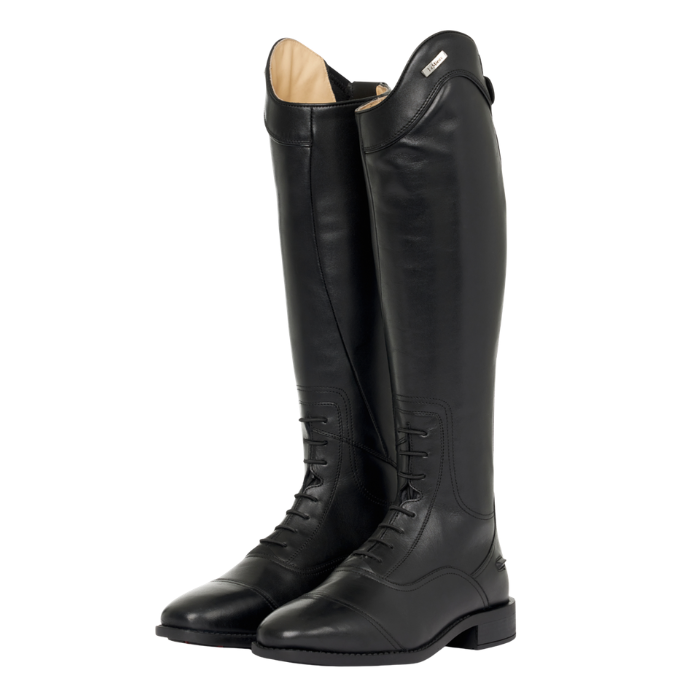 Pair of black riding boots on a white background