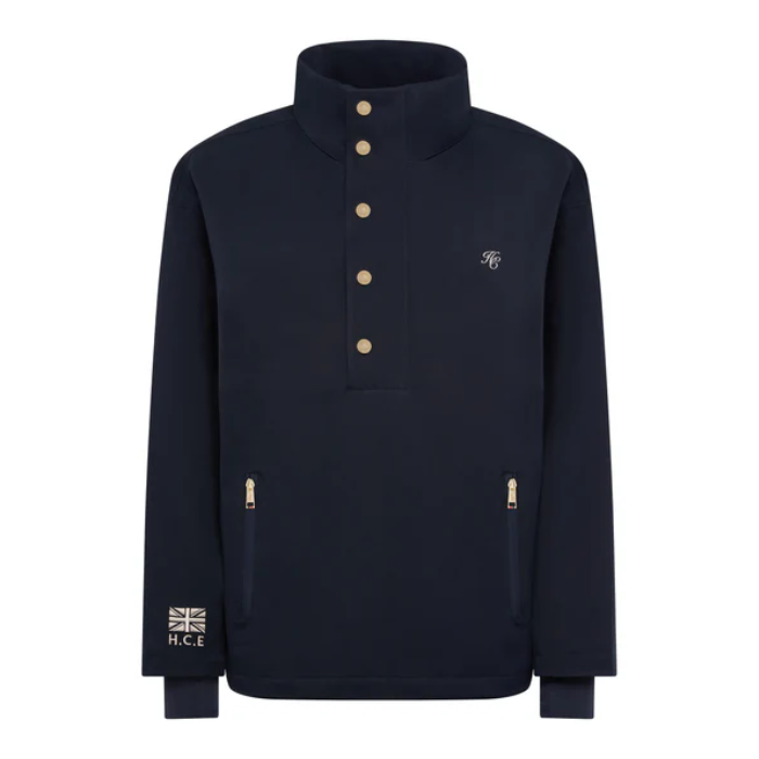 Navy jacket with gold buttons down the front on a white background
