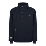 Navy jacket with gold buttons down the front on a white background