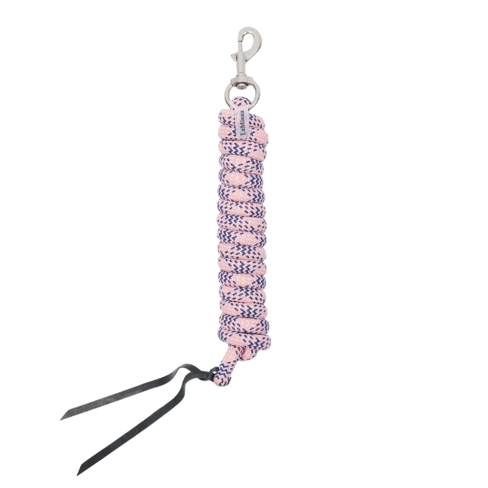 Pink and black braided leadrope with a clip on a white background