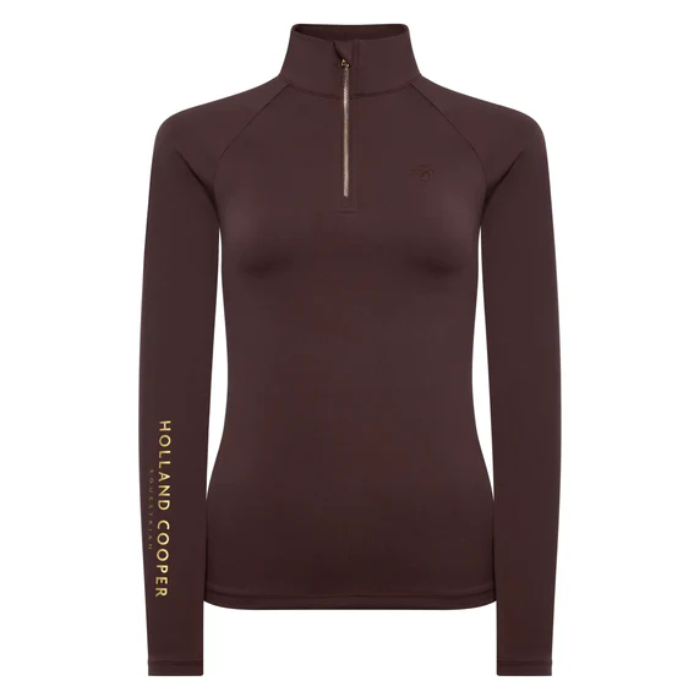 Brown long-sleeve top with a quarter zip and 'Holland Cooper' branding on a white background