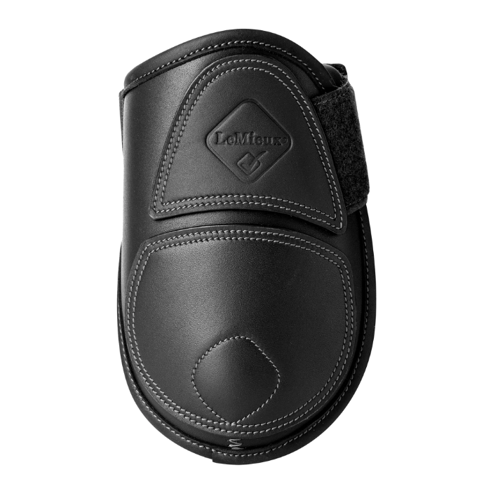 Black protective horse boot with a brand logo on a white background