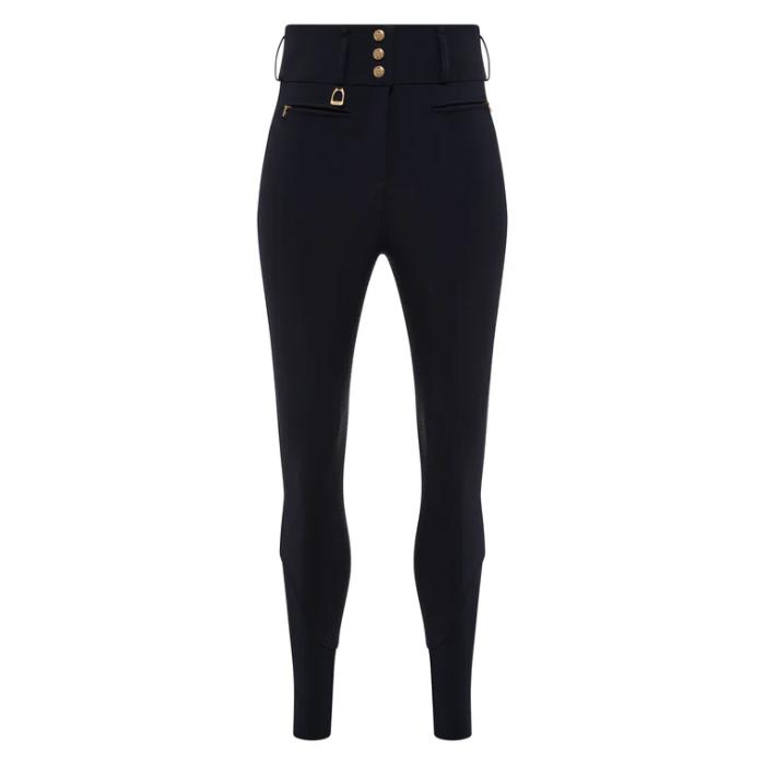 Black riding tights with button details on a white background