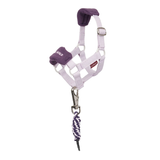 Purple and white horse halter with a rope attachment on a white background