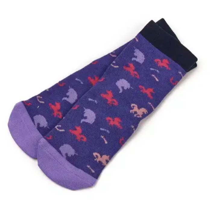 Purple socks with colorful patterns on a white background