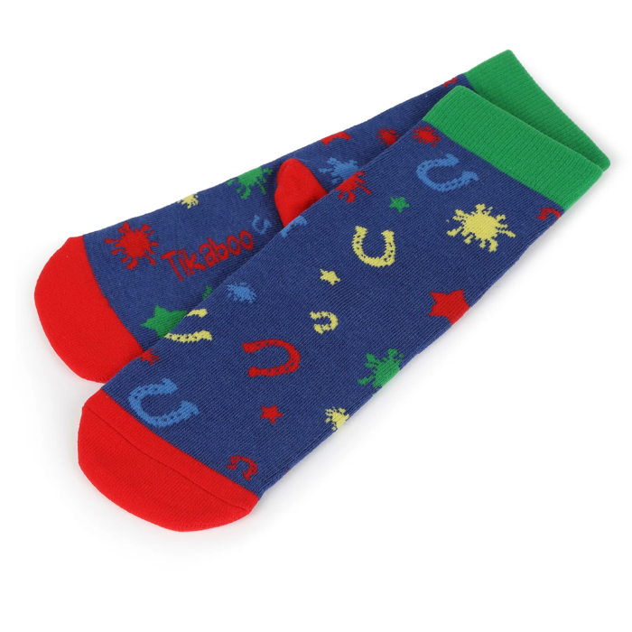 Pair of blue socks with colorful patterns on a white background