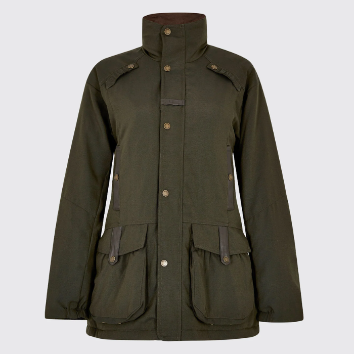 olive green waxed jacket against a white background