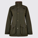 olive green waxed jacket against a white background
