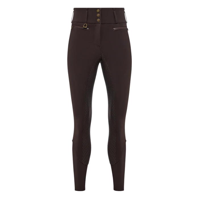 Brown riding leggings with button details on a white background
