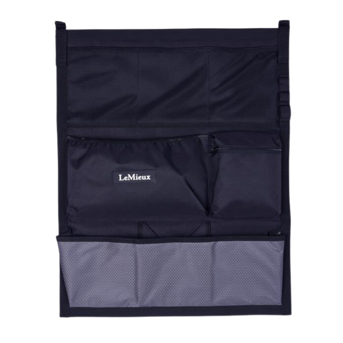 Hanging storage pockets in navy with grey lower pockets and LeMiuex branding on a white background