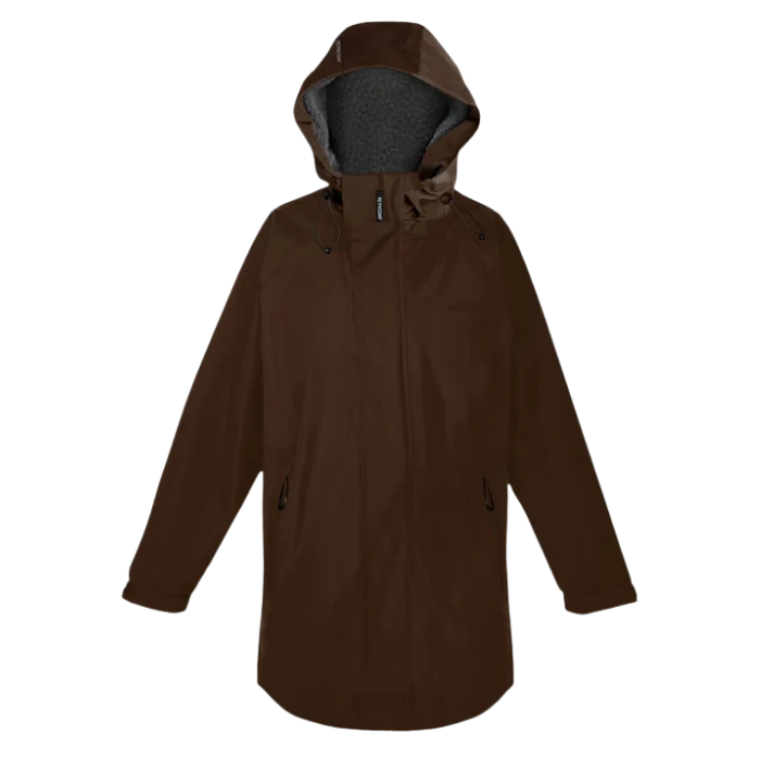 Brown parka style coat on a white background