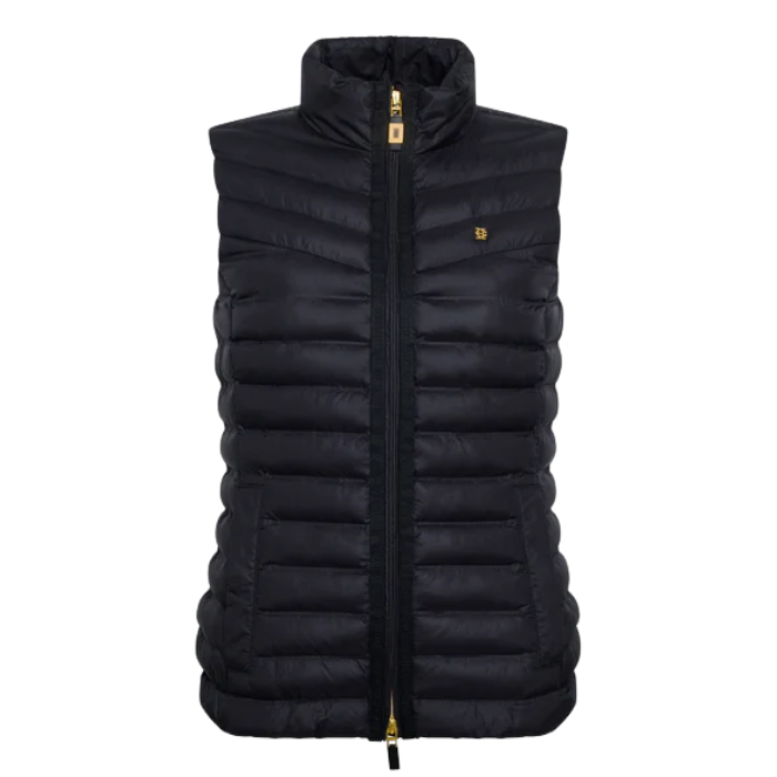 Navy puffer gilet with a brand logo on a white background
