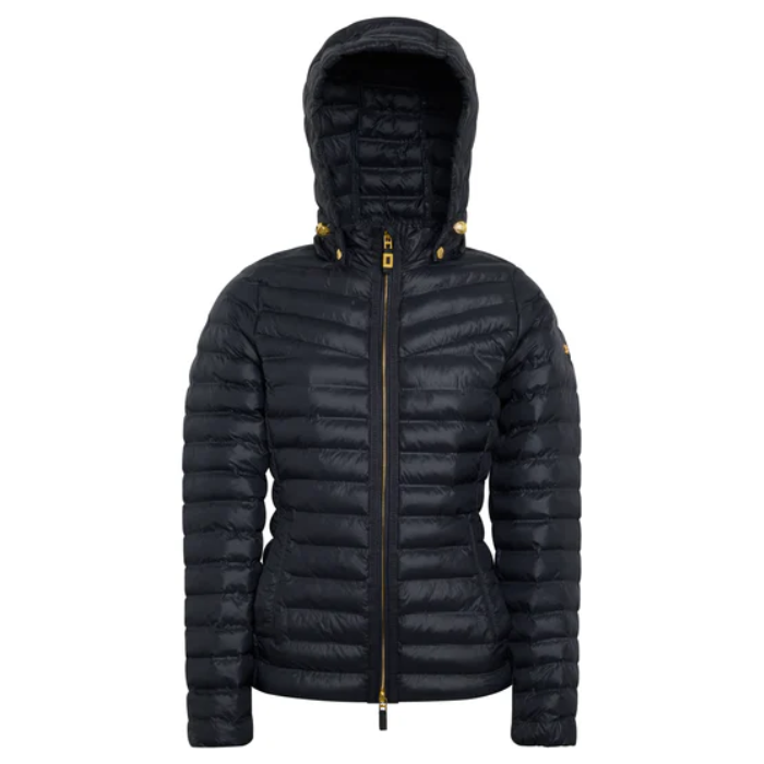 Black puffer jacket with a hood on a white background