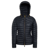 Black puffer jacket with a hood on a white background