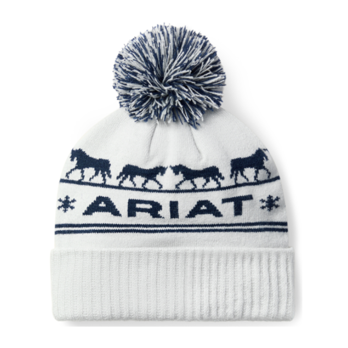 White knit beanie with blue pom-pom and Ariat logo on a white background