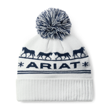 White knit beanie with blue pom-pom and Ariat logo on a white background