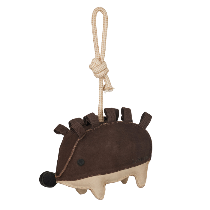 Hedgehog-shaped toy with a rope on a white background