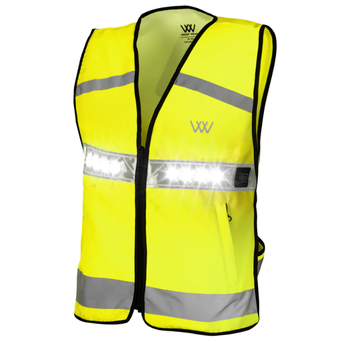 Yellow safety vest with reflective stripes on a white background