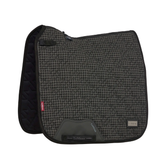 Grey and black patterned saddle pad with brand logo on a white background