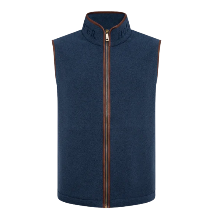 Blue fleece gilet with brown zipper on a white background