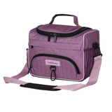 Pink bag with black accents and a visible brand logo on a white background