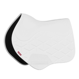 White quilted saddle pad with black border on a white background