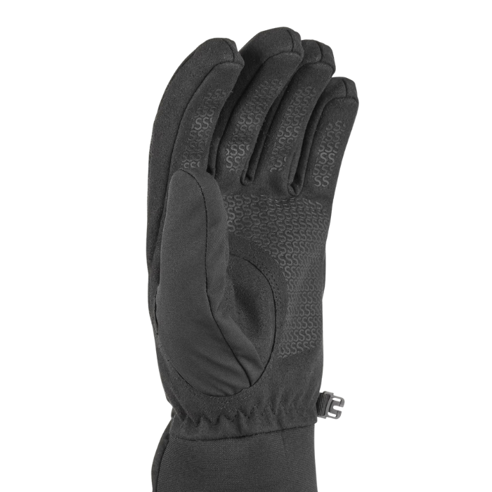 Black glove with textured palm on a white background