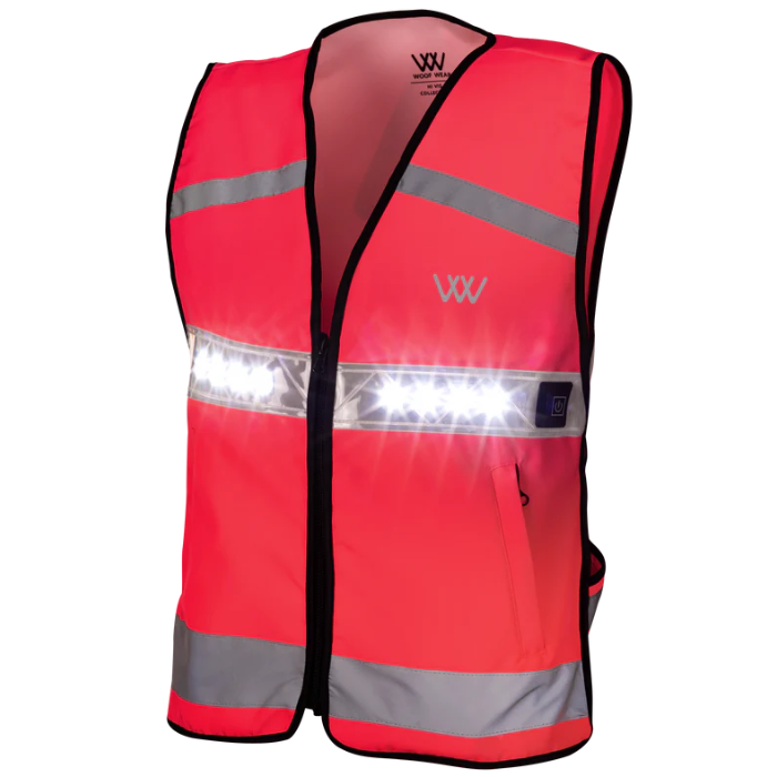 Pink safety vest with reflective stripes on a white background
