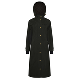 Dark green raincoat with gold buttons on a white background