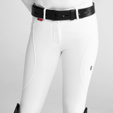 Close-up of a pair of white riding breeches with diamond logo design on a grey background