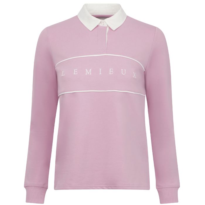 Pink long-sleeve shirt with white collar and Lemieux logo on a white background