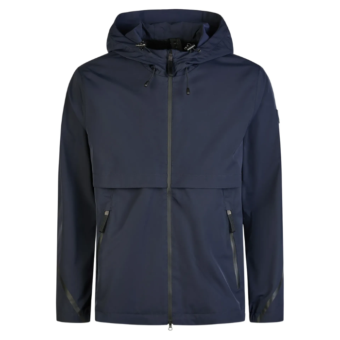 Navy blue jacket with a hood on a white background