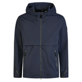 Navy blue jacket with a hood on a white background