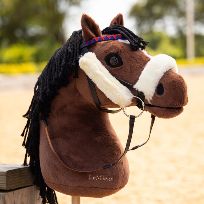 Brown hobby horse wearing a bridle in a blurred arena setting