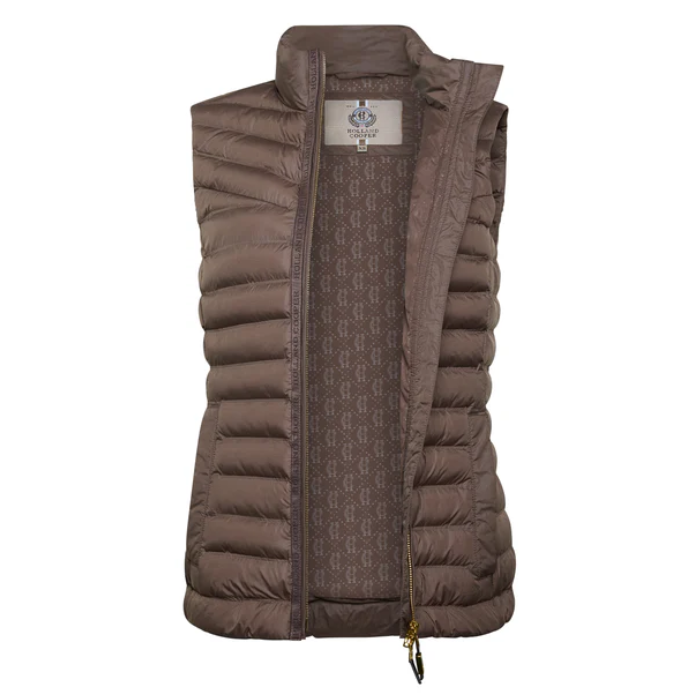 Brown puffer gilet with a patterned inner lining on a white background