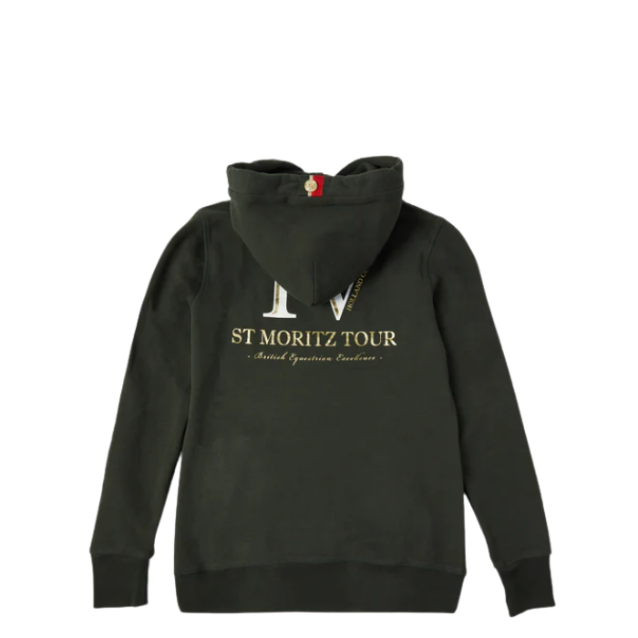 Black hoodie with 'St Moritz Tour' text on a white background